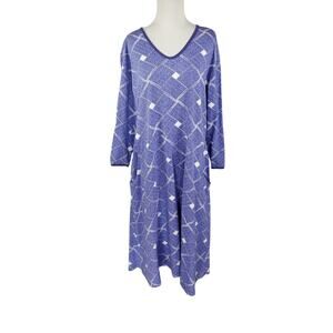 Svaha Dress Organic Cotton V-neck Purple White Geometric Pockets Long Sleeve 2X